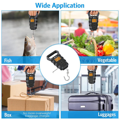 Upgraded Digital Fishing Scale with Ruler, 15g/50kg Electronic Digital Luggage Scale, 110lb Max Fishing Postal Hanging Hook Scale with Measuring Tape, Backlit LCD Display (Batteries Included)