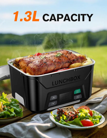 Docusvect Cordless Electric Lunch Box for Adults, Heated Lunch Box Battery Powered with Automatic Heating, 1.3L Portable Food Warmer with Removable Tray Divider