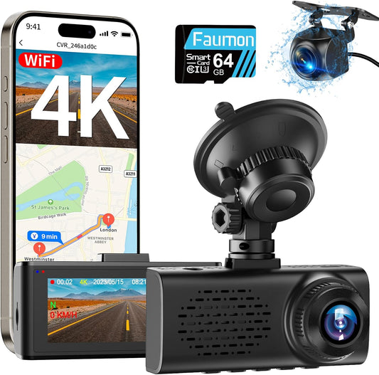 4K Dash Cam Front and Rear, 4k+1080p Dashcam for Car Built in GPS,5GHz WiFi, 64GB Card, Loop Recording Dash Cam w/Parking Monitor, Car Dash Cam Built-in Night Vision, App Control, WDR, G-Sensor