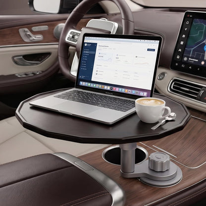 Car Laptop Desk | 360° Rotating Wooden Car Tray Table with Adjustable Cup Holder Base for Work & Dining