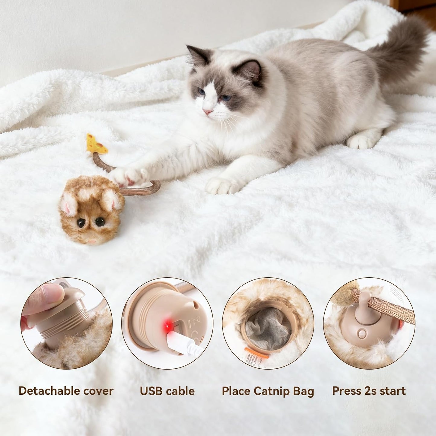 Migipaws Interactive MigiMouse Cat Toy 360° Rolling & Spin with Wiggling Tail for Indoor Cats Smart Motion Sensor, Realistic Squeak, Rechargeable Plush Kitten Toy (Brown Long Plush)
