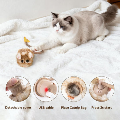 Migipaws Interactive MigiMouse Cat Toy 360° Rolling & Spin with Wiggling Tail for Indoor Cats Smart Motion Sensor, Realistic Squeak, Rechargeable Plush Kitten Toy (Brown Long Plush)