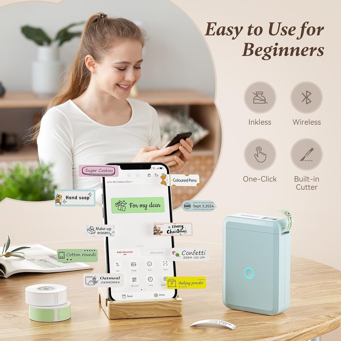 NIIMBOT D110 Mini Label Maker Machine with Tape(Pre-Cut Size 12x40mm), Portable Bluetooth Sticker Printer, Inkless Automatic Feeding One-Touch Custom Printing, Compatible with Phone Only