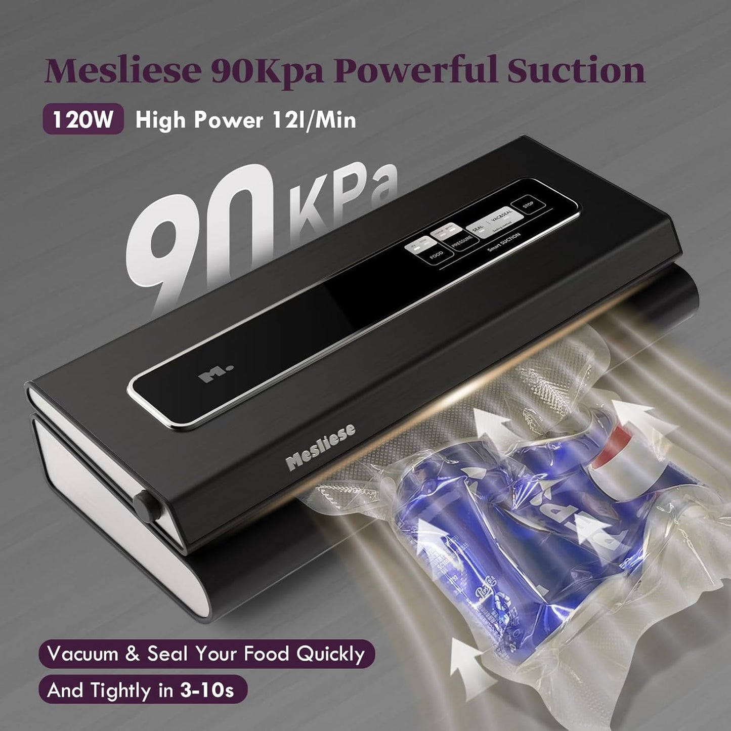 Mesliese 6-in-1 Vacuum Sealer, 2 Bag Rolls & 5 Pre-cut Bags, Dry/Moist Modes | Gray, 90kPa Compact Vacuum Food Sealing Machine, Smart Suction, Stainless Steel Panel, External Vacuum for Jars, Cutter