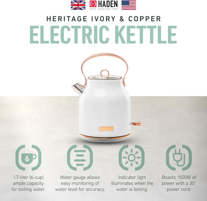 Haden 75041 Heritage 1.7 Liter (7 Cup) Stainless Steel Electric Kettle with Auto Shut-Off and Boil Dry Protection, Black/Copper