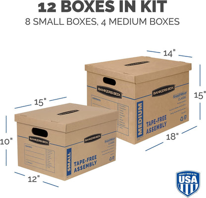 Bankers Box SmoothMove Classic Moving Kit Boxes, Tape-Free Assembly, Easy Carry Handles, 8 Small 4 Medium, 12 Pack(7716403)
