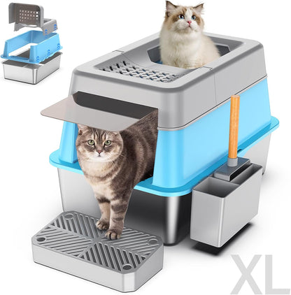 Stainless Steel Litter Box with Lid, XL Extra Large Enclosed Cat Litter Box for Big Cats 110° Flip Cover, Top Entry Metal High Sided Litter Box & Pedal & Scoop, Anti-Leakage (Grey)