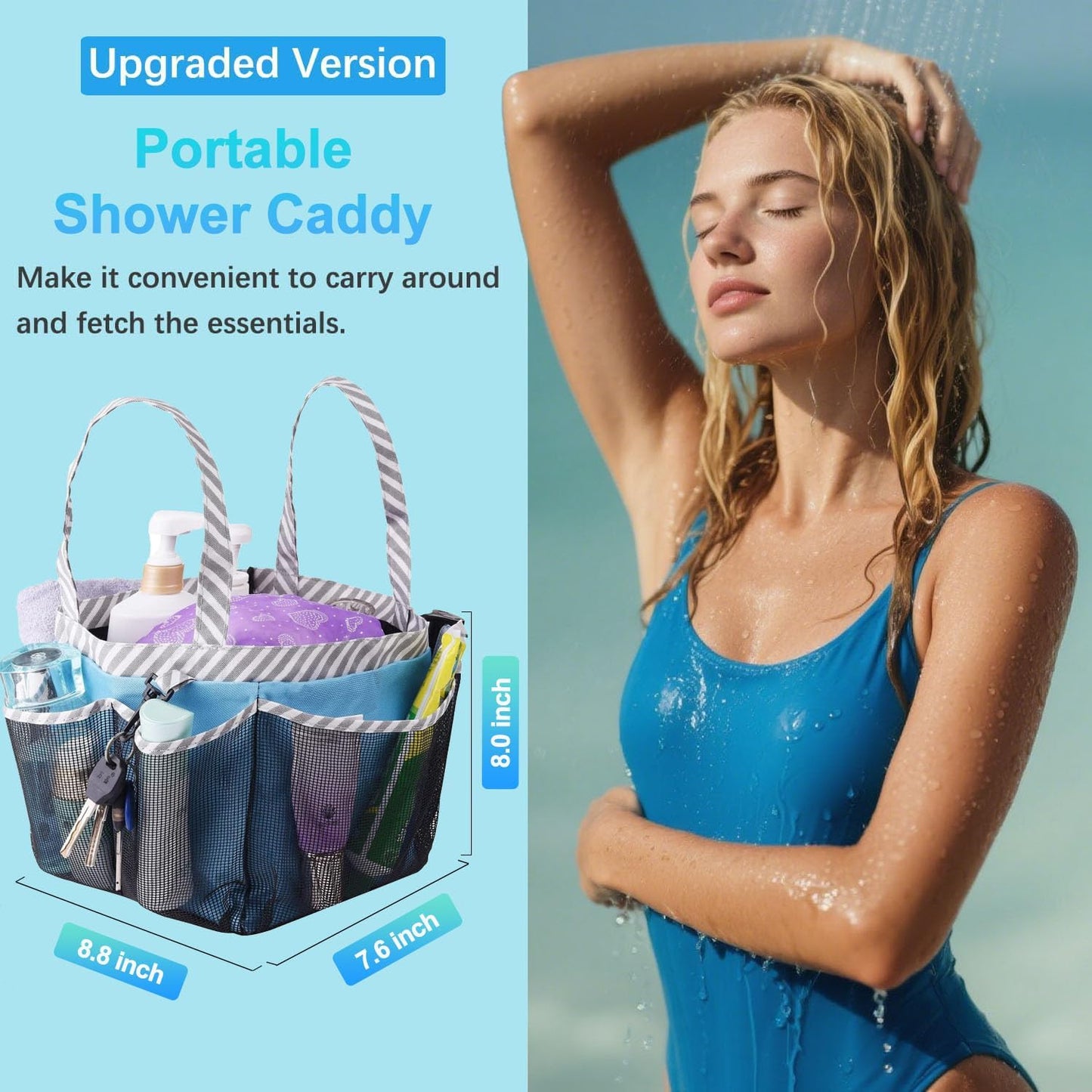 Mesh Shower Caddy Tote, Large College Dorm Bathroom Caddy Organizer with Key Hook and 2 Oxford Handles, Quick Hold, 8 Basket Pockets for Camp Gym