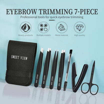 SWEET VIEW 7pcs Eyebrow Tweezers Set, Stainless Steel Tweezers for Women and Man, Precision Plucker Tweezers for Facial Hair, Chin, Eyebrow, Splinter and Ingrown Hair Removal