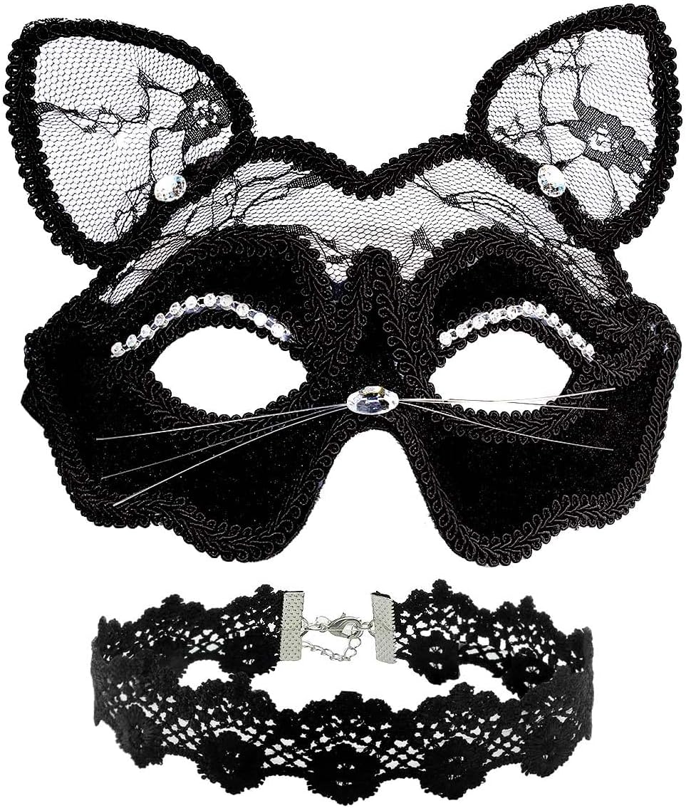 OLYPHAN Black Cat Costume for Women with Lace Cat Mask, & Lace Choker, Mask and Ears for Halloween, Cat Costume Accessories