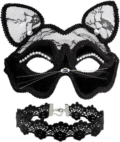 OLYPHAN Black Cat Costume for Women with Lace Cat Mask, & Lace Choker, Mask and Ears for Halloween, Cat Costume Accessories