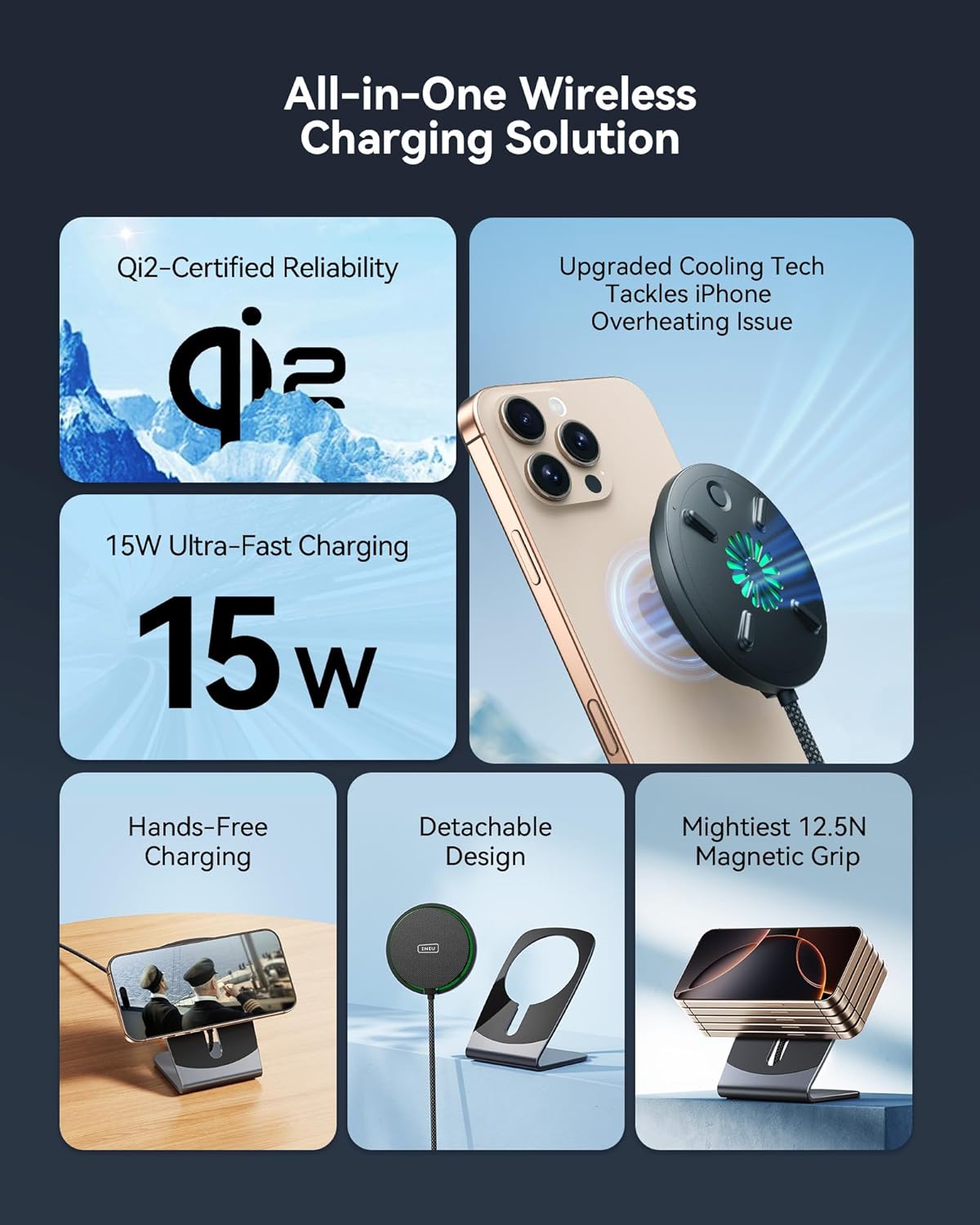 INIU Wireless Charger, 15W Fast Charging Magnetic Wireless Charger Stand, Travel Essential Wireless Charging Station with Sleep-Friendly Adaptive Light, for iPhone 16/15/14/13/12 Series, Airpods