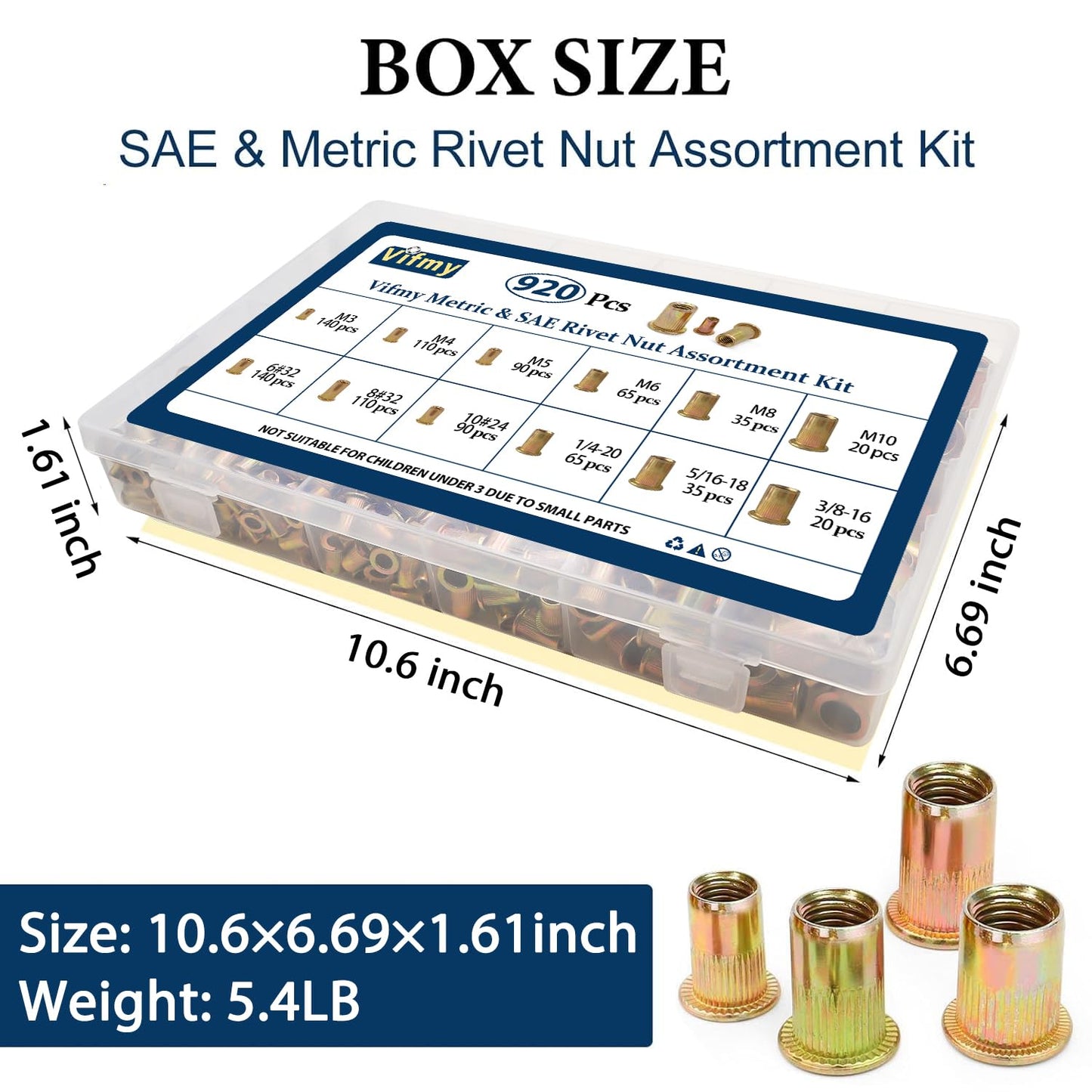 Vifmy Metric & SAE Rivet Nut Assortment Kit(420 Pcs),m3 m4 m5 m6 m8 m10 m12#6-32#8-32#10-24 1/4"-20 5/16"-18 3/8"-16 UNC Flat Head Rivnut Set,Zinc Plated Finish Carbon Steel Nutsert