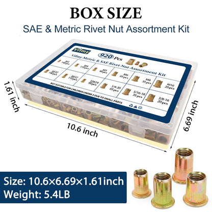 Vifmy Metric & SAE Rivet Nut Assortment Kit(420 Pcs),m3 m4 m5 m6 m8 m10 m12#6-32#8-32#10-24 1/4"-20 5/16"-18 3/8"-16 UNC Flat Head Rivnut Set,Zinc Plated Finish Carbon Steel Nutsert