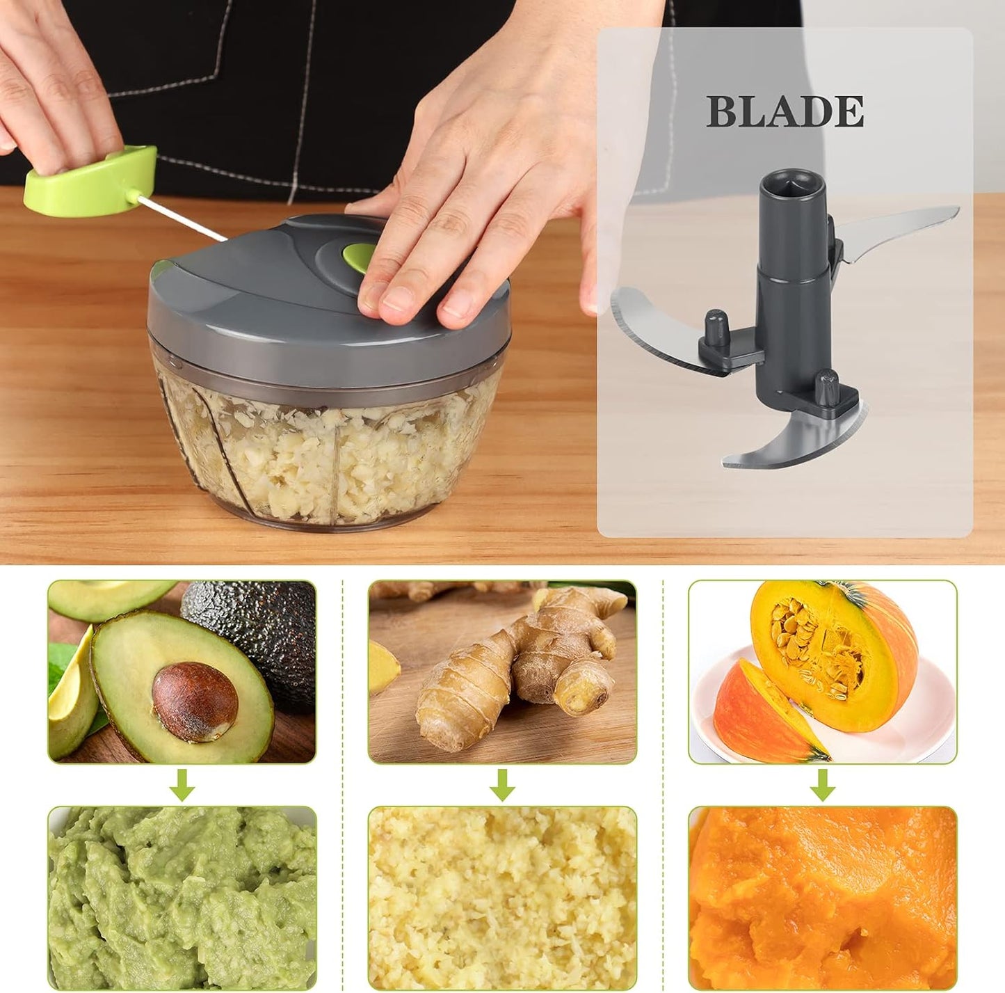 Cambom Manual Food Chopper Vegetable Cutter, Hand String Vegetable Chopper Onions Cutter for Vegetable Fruits Nuts BPA Free Food Safe Material, 550ml Gray