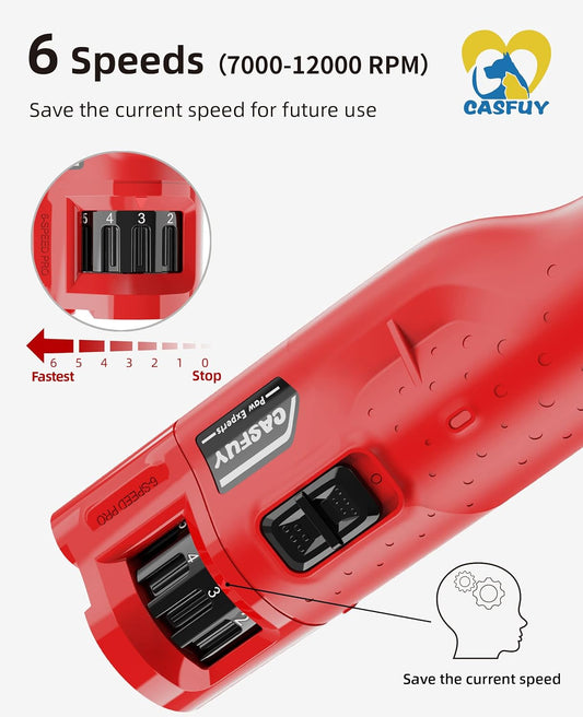 Casfuy Dog Nail Grinder Quiet - (45db) 6-Speed Pet Nail Grinder with 2 LED Lights for Large Medium Small Puppy Dogs/Cats, Professional 3 Ports Rechargeable Electric Dog Nail Trimmer with Dust Cap - PuriLite