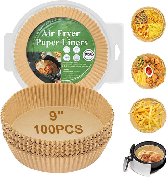 GOFFUGT Air Fryer Disposable Paper Liner,100PCS Round Airfryer Paper Liners,9" Natural Parchment Paper for Air Fryer Oil-Proof Water-Proof,Food Grade Parchment for AirFryer,Steamer,Microwave Etc