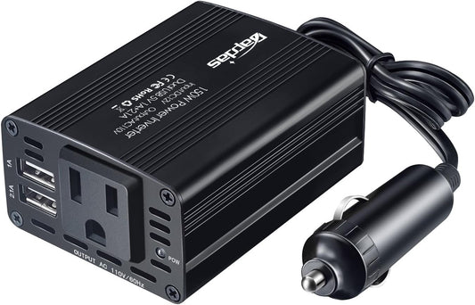 Bapdas 150W Car Power Inverter with 1 DC 12V to 110V AC Outlet Converter and 2 USB Ports Auto Charger Adapter for Laptops and Smartphones-Black
