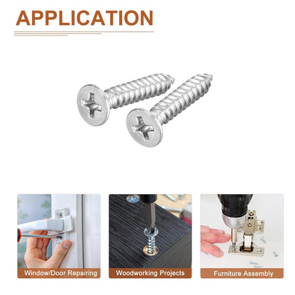 DTGN 100Pcs #8x1 Flat Head Wood Screws, 304 Stainless Steel Phillips Self Tapping Screws - Good for Woodworking, Furniture - Silver