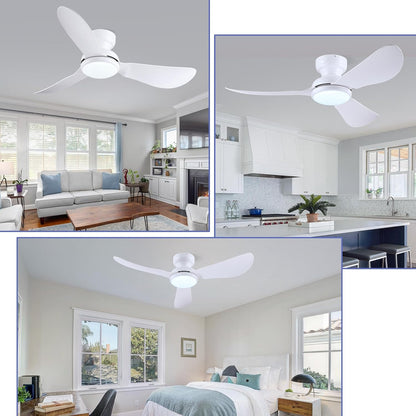 Kviflon 46 Inch Modern Ceiling Fans with Lights, Flush Mount Ceiling Fan with Remote/APP Control, 3 Reversible Curved Blades, 6 Speeds, 3 CCT, Dimmable Lights for Kids Room Bedroom, White