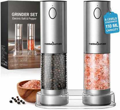 ThermoMaven Electric Salt and Pepper Grinder Set, 110ml Larger Rechargeable Automatic Salt and Pepper Mill Grinder with 6 Adjustable Coarseness, Electric Salt and Pepper Shakers, LED, 2 Packs, Silver
