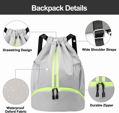 Hoedia Sports Drawstring Backpack - String Swim Gym Bag with Shoes Compartment and Wet Proof Pocket for Women/Men