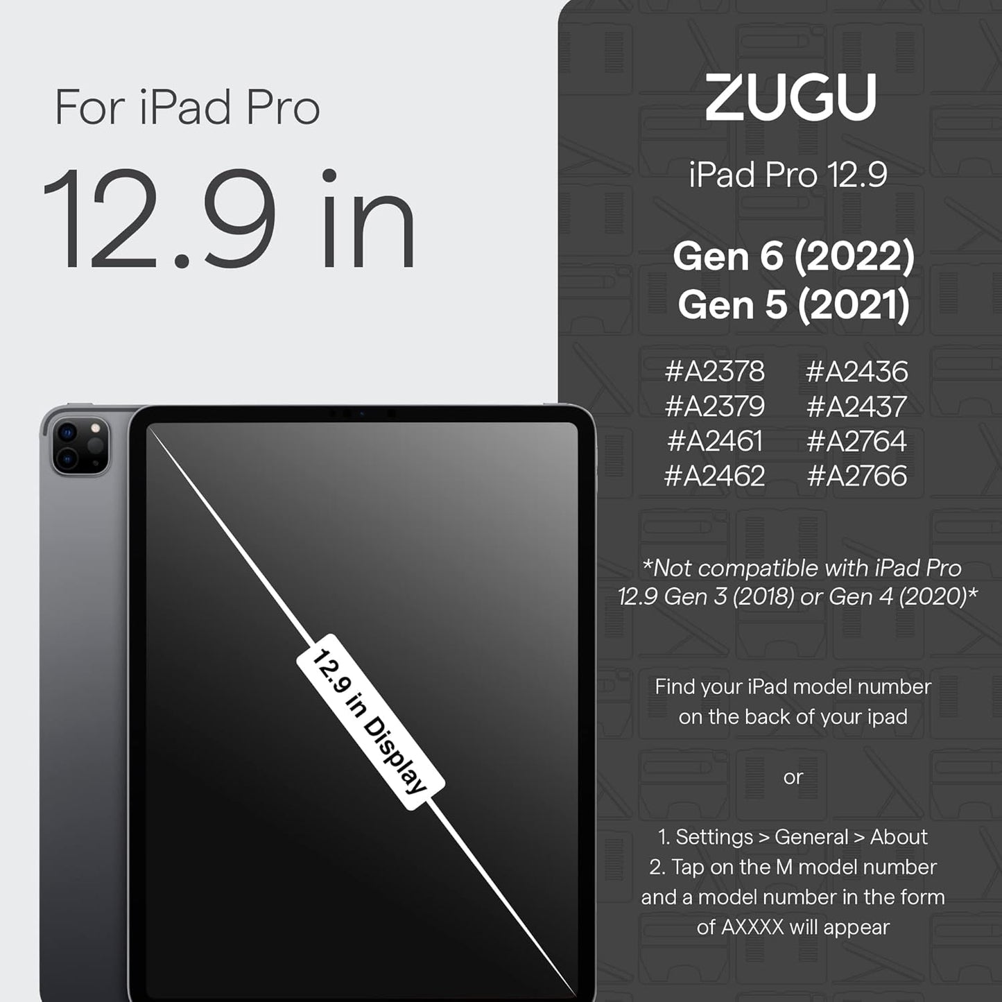 ZUGU iPad Pro 12.9 Case 2022/2021 6th & 5th Generation - Ultra Slim Protective Cover - Wireless Apple Pencil Charging - Convenient 10-Angle Magnetic Stand & Auto Sleep/Wake [ Black ]