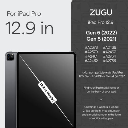 ZUGU iPad Pro 12.9 Case 2022/2021 6th & 5th Generation - Ultra Slim Protective Cover - Wireless Apple Pencil Charging - Convenient 10-Angle Magnetic Stand & Auto Sleep/Wake [ Black ]