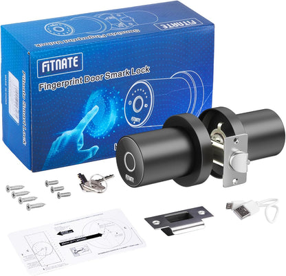 FITNATE Fingerprint Door Knob, Smart Biometric Door Lock with App Control, Keyless Entry Door Knob with Bluetooth Digital Code, Touch to Open Knob for Bedroom,Home,Hotel,Office, Black