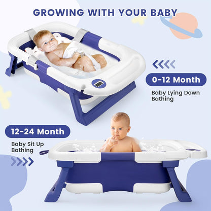 Baby Bathtub, Newborns Bath Essentials, Portable Bath tub For Infant 0-24 Months，Baby Shower Gifts With Soft Cushion,Temperature Sensor and Tray