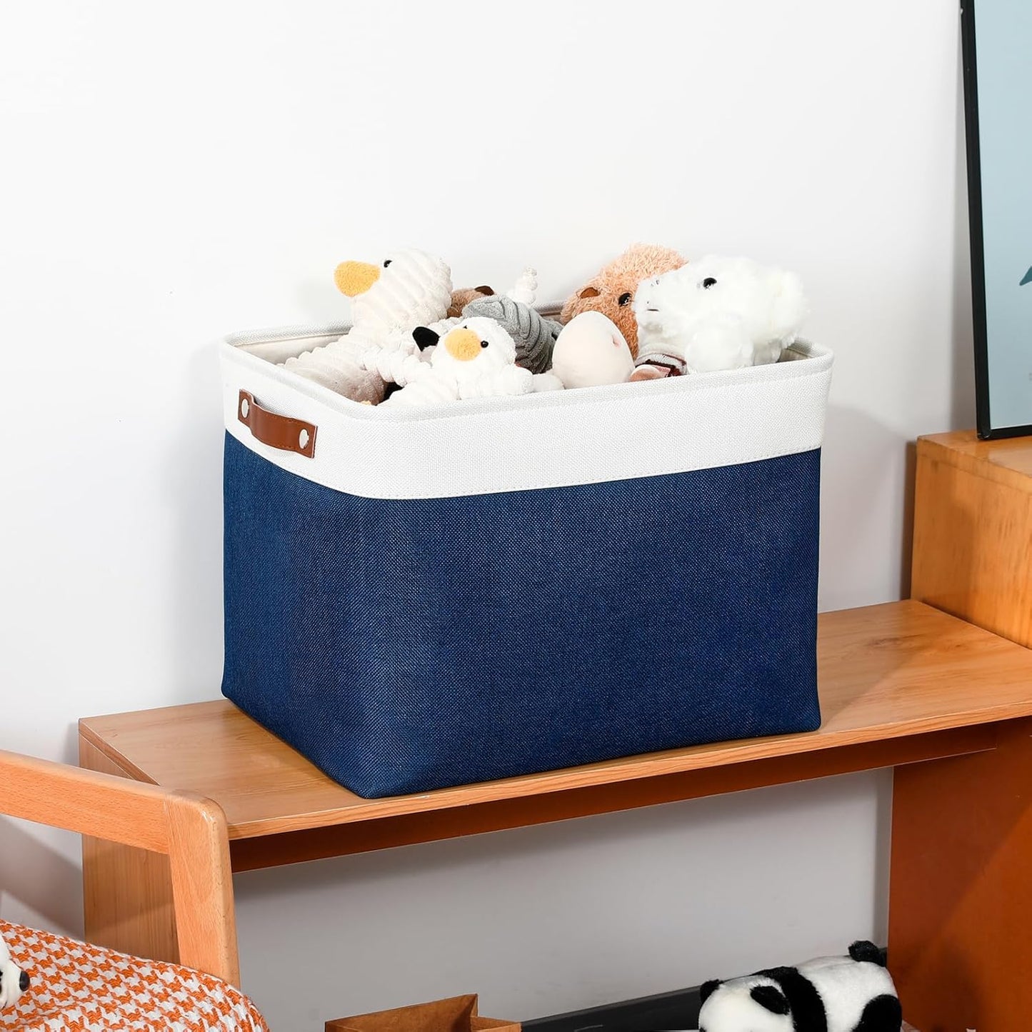 DULLEMELO Storage Baskets for Shelves, Fabric Collapsible Rectangular Storage Bins for Shelves, Closets, Nursery, Home, Office, Empty Gift Baskets (White&Teal)