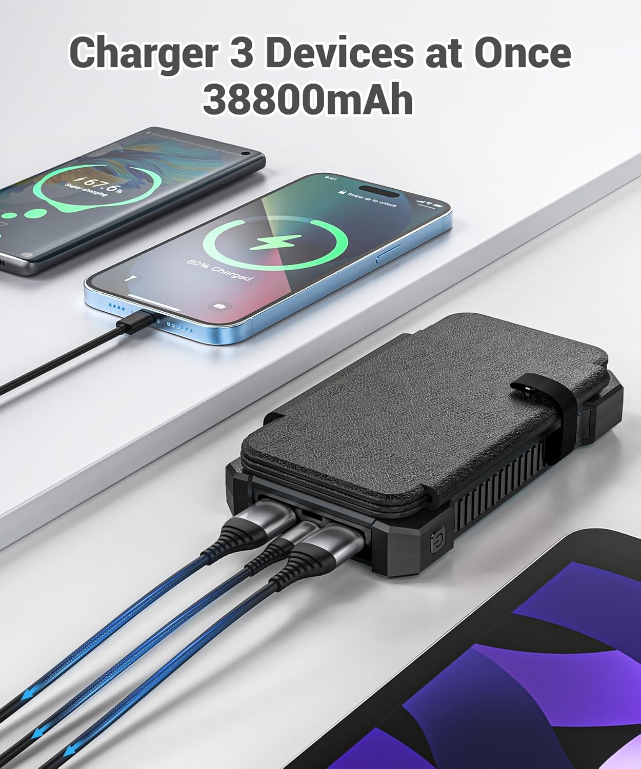 Solar Power Bank 38800mAh with 4 Solar Panels, Portable Charger USB C 18W Fast Charge for iPhone Samsung, IP67 Waterproof Outdoor External Battery Pack with Flashlight Light/SOS/Strobe