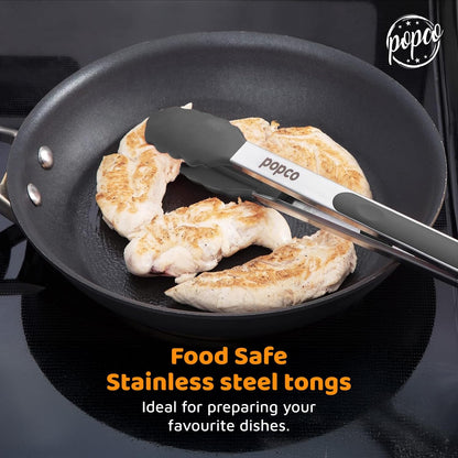 The Original Popco Tongs for Cooking - Set of 3 (7, 9, 12 inches) - Heavy Duty, 304 Stainless Steel BBQ and Kitchen Tongs with Silicone Tips (3 Colors Available)