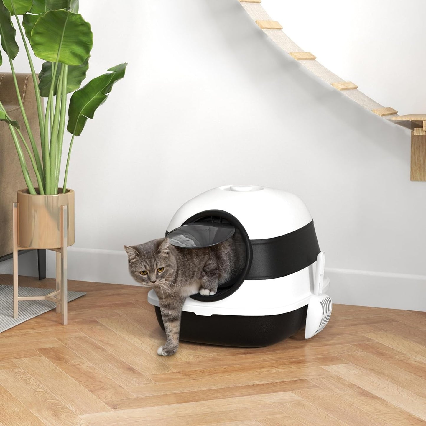 PawHut Foldable Large Cat Litter Box with Lid, Covered Kitten Litter Box w/Automatic Cat Litter-Proof Sides, Deodorization, Easy to Clean, White and Grey