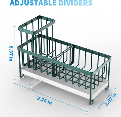 Cisily Sponge Holder for Kitchen Sink, Sink Caddy with High Brush Holder, Organzier Rustproof 304 Stainless Steel Dish Organizer Divider, Soap Dispenser Storage (Black)