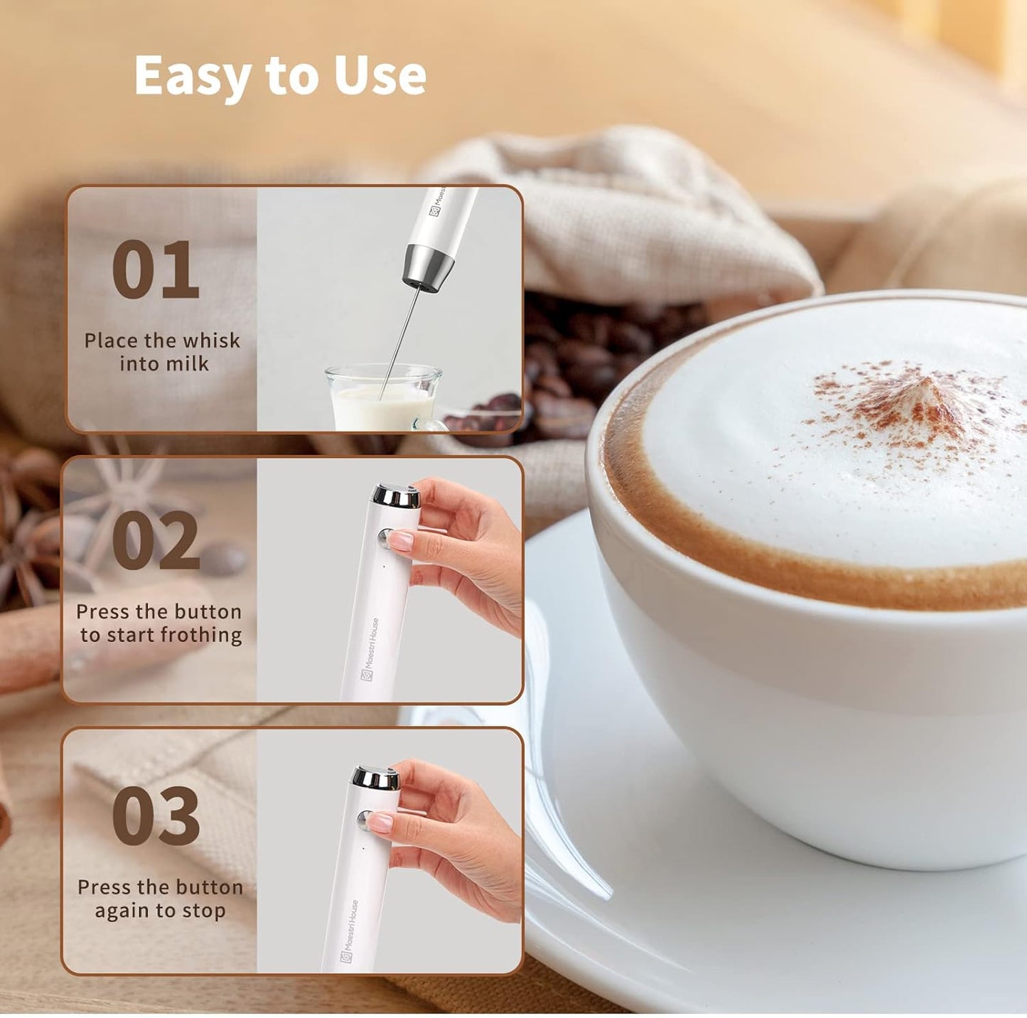 Maestri House Rechargeable Milk Frother, Handheld Electric Foam Maker Waterproof Detachable Stainless Steel Whisk Drink Mixer Foamer for Lattes, Cappuccino, No Stand (Black)，LunaFro NS
