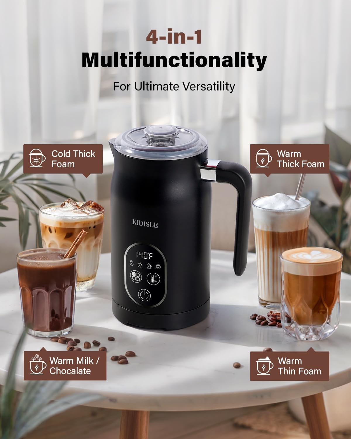 KIDISLE - 4 in 1 Electric Milk Frother with Automatic Temperature Control, Hot Cold Frothing Machine, Fast Foam Machine for Coffee, Latte, Hot Chocolate, Cappuccino, Macchiato,