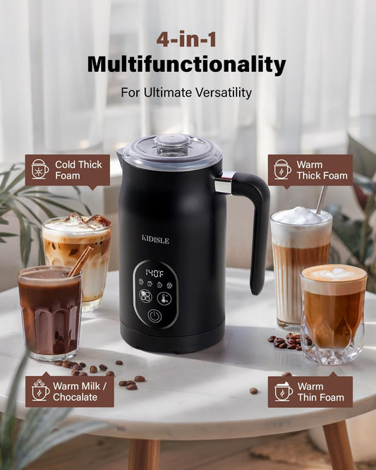 KIDISLE - 4 in 1 Electric Milk Frother with Automatic Temperature Control, Hot Cold Frothing Machine, Fast Foam Machine for Coffee, Latte, Hot Chocolate, Cappuccino, Macchiato, - PuriLite