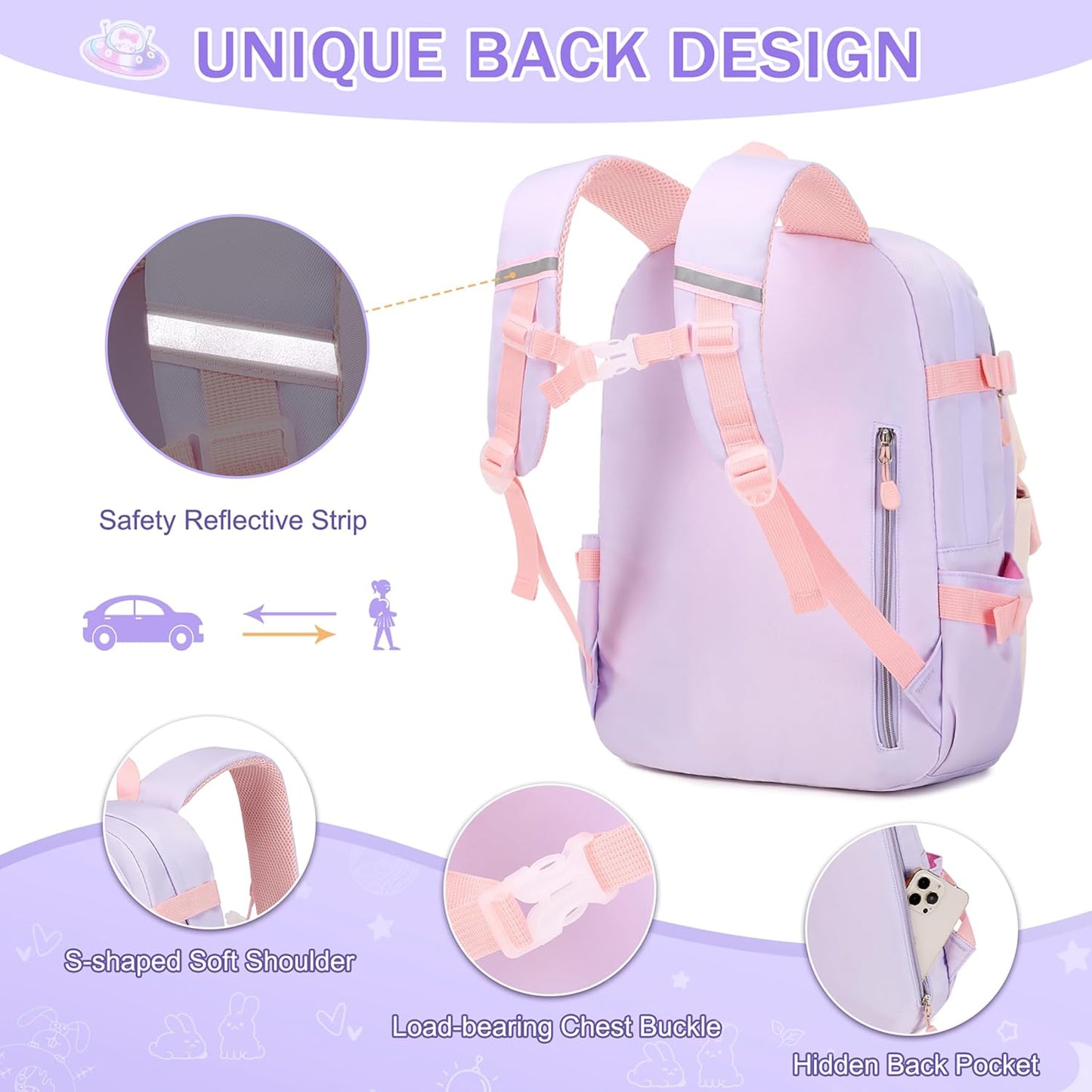 FIXITOK Girls Backpack Set, 3PCS Kids Backpack for Girls, Kawaii Bunny School Backpacks for Girl Kindergarten Elementary Preschool Middle School Bags with Lunch Box Pencil Case Aquamarine
