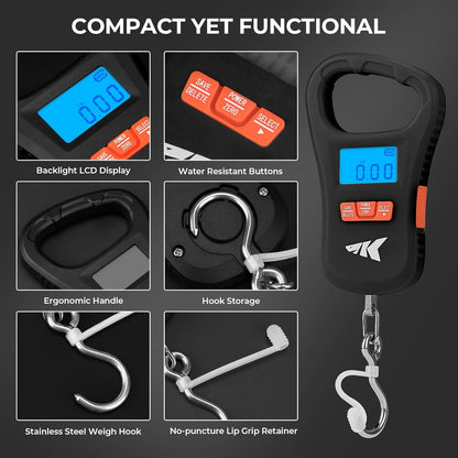 KastKing Fish Scale with Lip Gripper, ToughTide USB Charging Fishing Scale Built-in Measuring Tape, 65lb Capacity, Ultra-Thin Digital Fish Scale, LCD Display, Ergonomic Handle, Black Combo