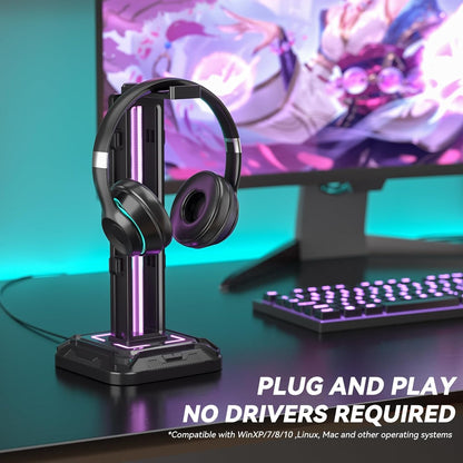 KDD RGB Headset Stand with 9 Light Modes – Rotating Headphone Holder with Detachable Controller Hooks - PuriLite