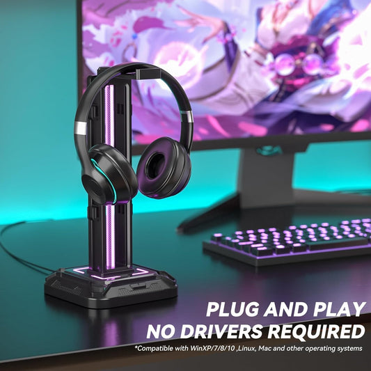 KDD RGB Headset Stand with 9 Light Modes – Rotating Headphone Holder with Detachable Controller Hooks - PuriLite