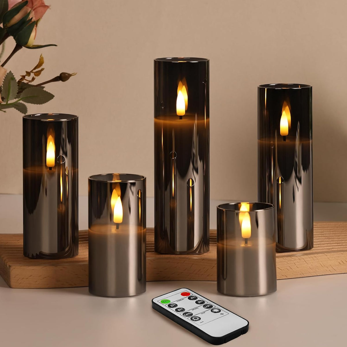 Eywamage Slim Tall Grey Glass Flameless Candles with Remote, Batteries Included, Flickering LED Pillar Votive Candles Set of 5