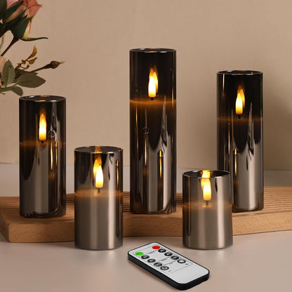 Eywamage Slim Tall Grey Glass Flameless Candles with Remote, Batteries Included, Flickering LED Pillar Votive Candles Set of 5