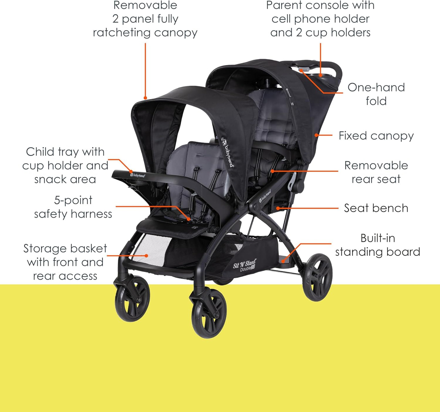 Baby Trend Sit n Stand Double 2.0 Stroller - Convertible Multi-Use Easy Fold Travel Toddler & Baby Tandem Double Stroller with Safety Harness and Storage Basket - Dash Black