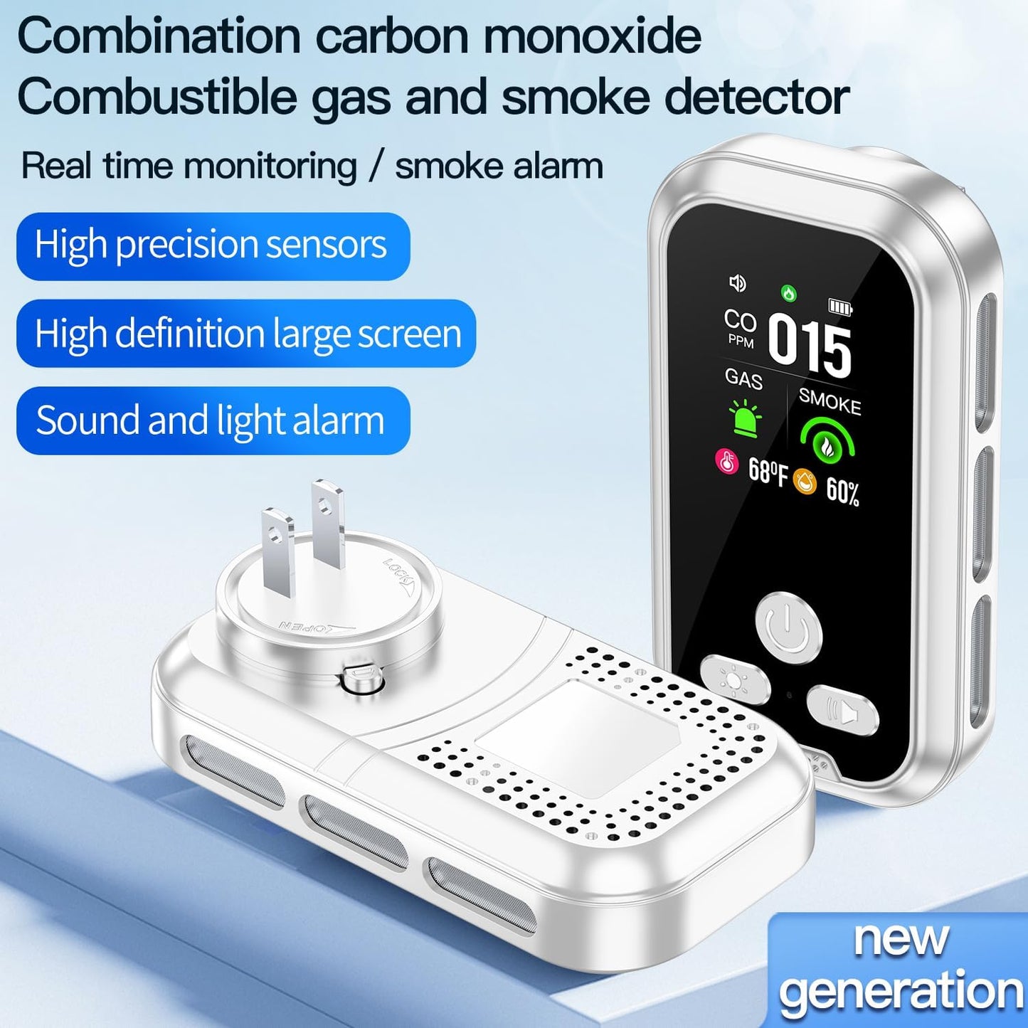 5-in-1 Plug-In Carbon Monoxide Smoke and Combustible Gas Detector with Backup Battery, HD Display, Temperature and Humidity Monitor for Home Indoor Safety