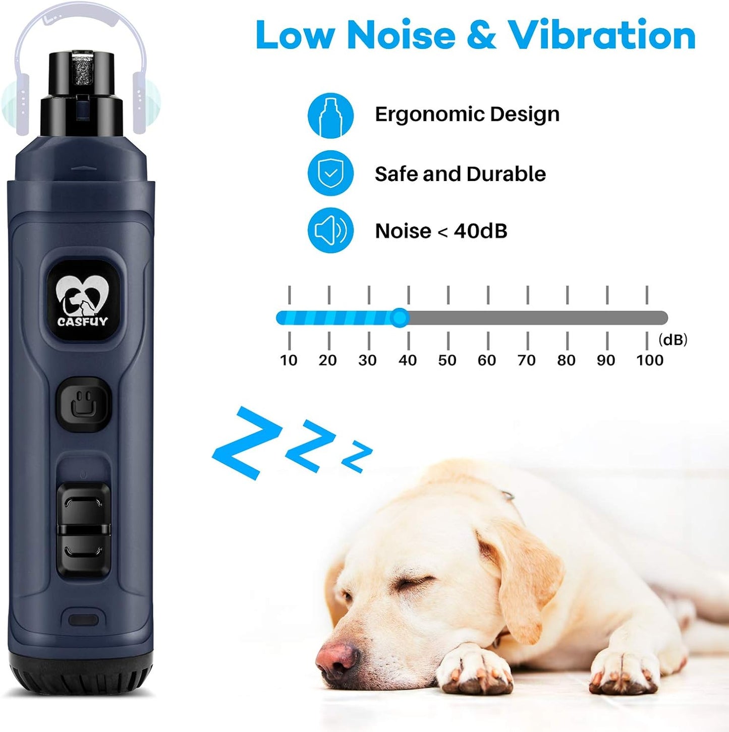 Casfuy Dog Nail Grinder with 2 LED Light-New Version 2-Speed Powerful Electric Pet Nail Trimmer Professional Quiet Painless Paws Grooming & Smoothing for Small Medium Large Dogs and Cats (Grey), 1 Count (Pack of 1)