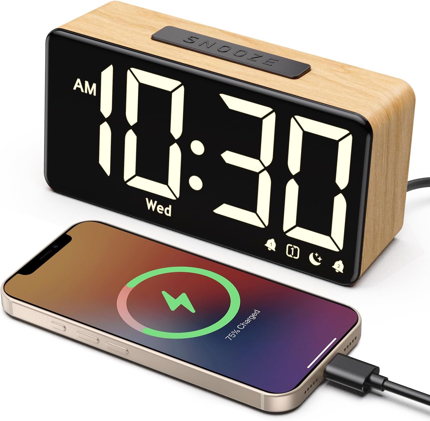 Wood Grain Digital Alarm Clock with Dual Alarms, Large Display, USB Charging Port, Auto Dimming, 9-Minute Snooze, 12/24H Format, Power-Off Memory for Bedroom - PuriLite