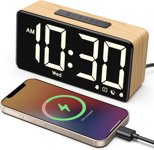 Wood Grain Digital Alarm Clock with Dual Alarms, Large Display, USB Charging Port, Auto Dimming, 9-Minute Snooze, 12/24H Format, Power-Off Memory for Bedroom