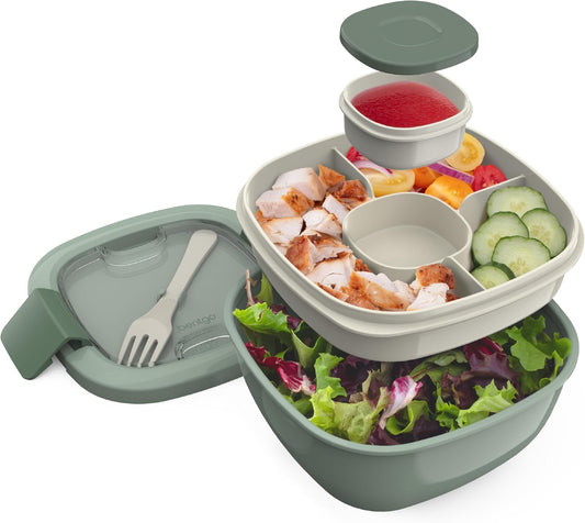 Bentgo Salad - Stackable Lunch Container with Large 54-oz Salad Bowl, 4-Compartment Bento-Style Tray for Toppings, 3-oz Sauce Container for Dressings, Built-in Reusable Fork & BPA-Free (Khaki Green)